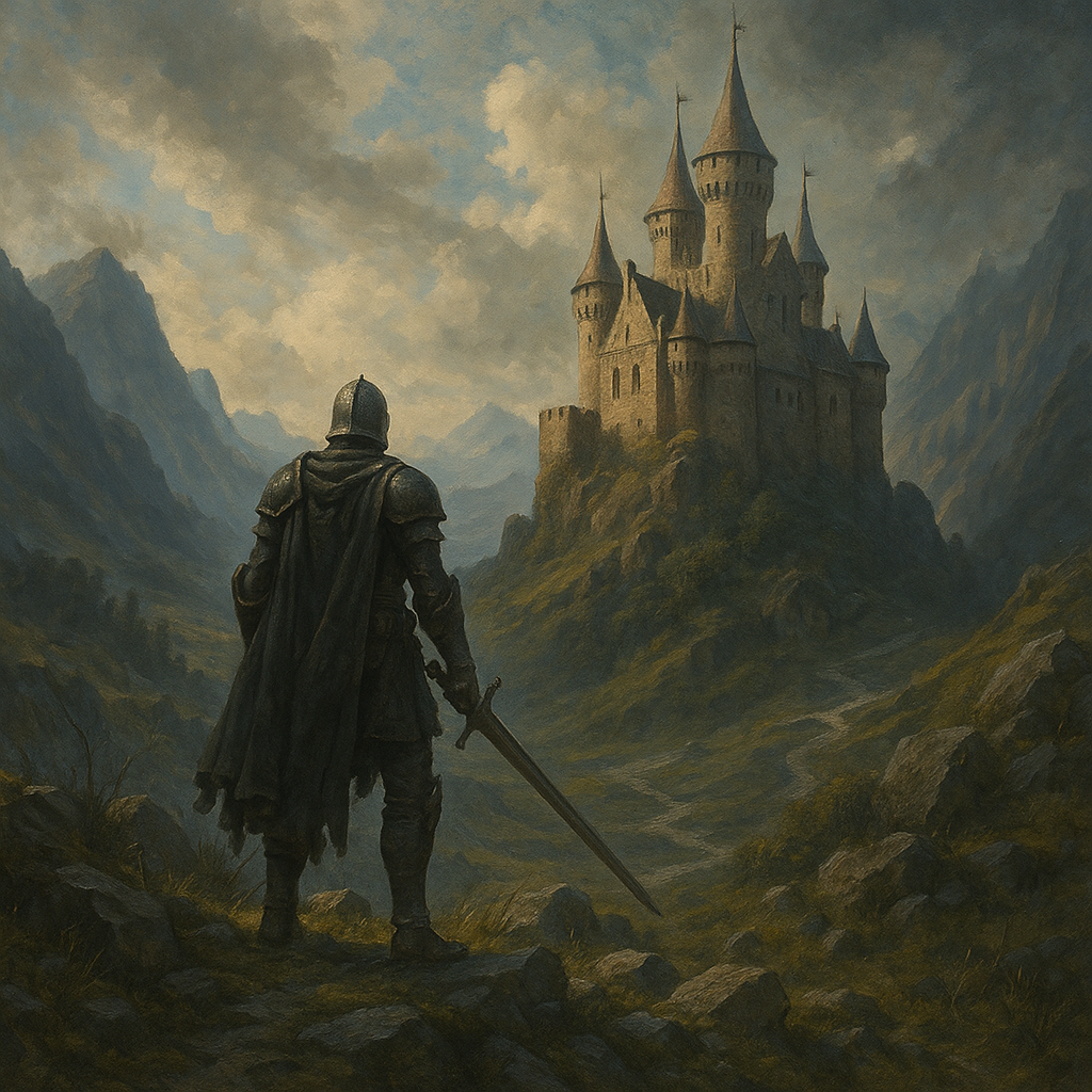 Mist over a rugged valley with a ruined tower—an implied fantasy setting